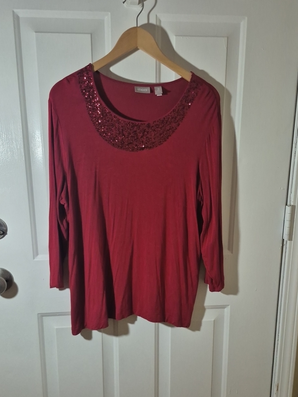 Chico's Red Long-Sleeve Scoop Neck Top with Sequin Trim Size 3